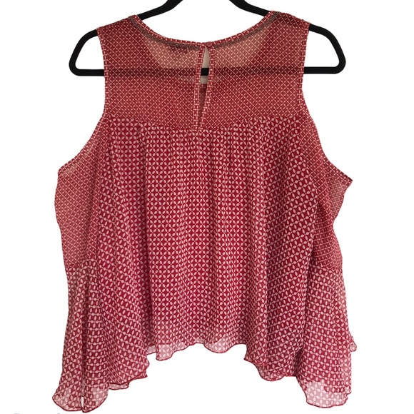 Lucky Brand Sheer Bell Sleeve Cold Shoulder Beaded Top Red White Size XS - Picture 8 of 8